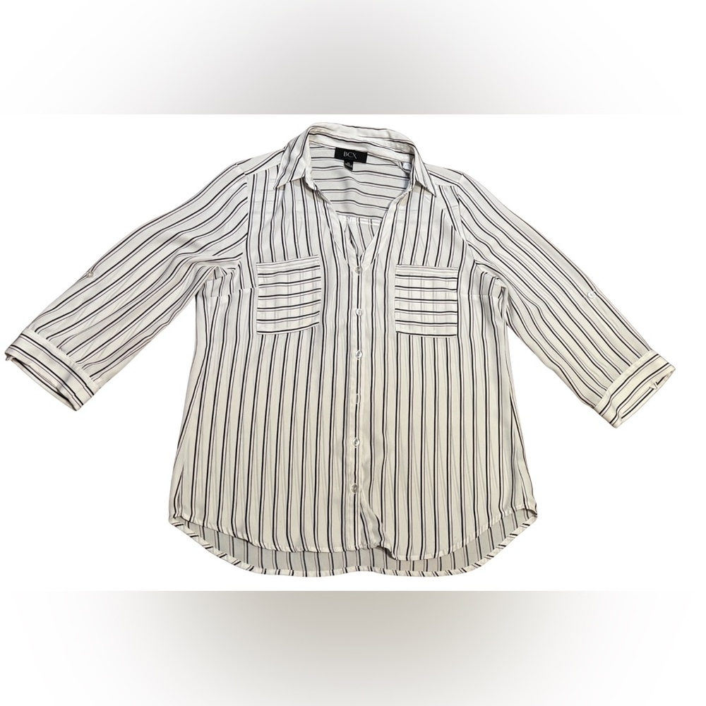 BCX Striped Sheer Button‎ Down Blouse XL Office Minimalist